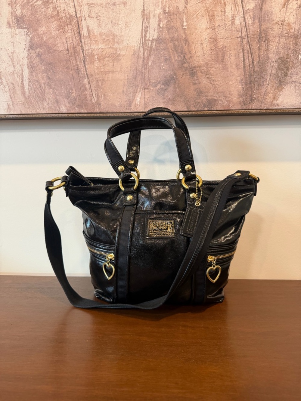 COACH Vintage Black patent Leather Poppy Daisy Liquid Glass Tote Purse Bag